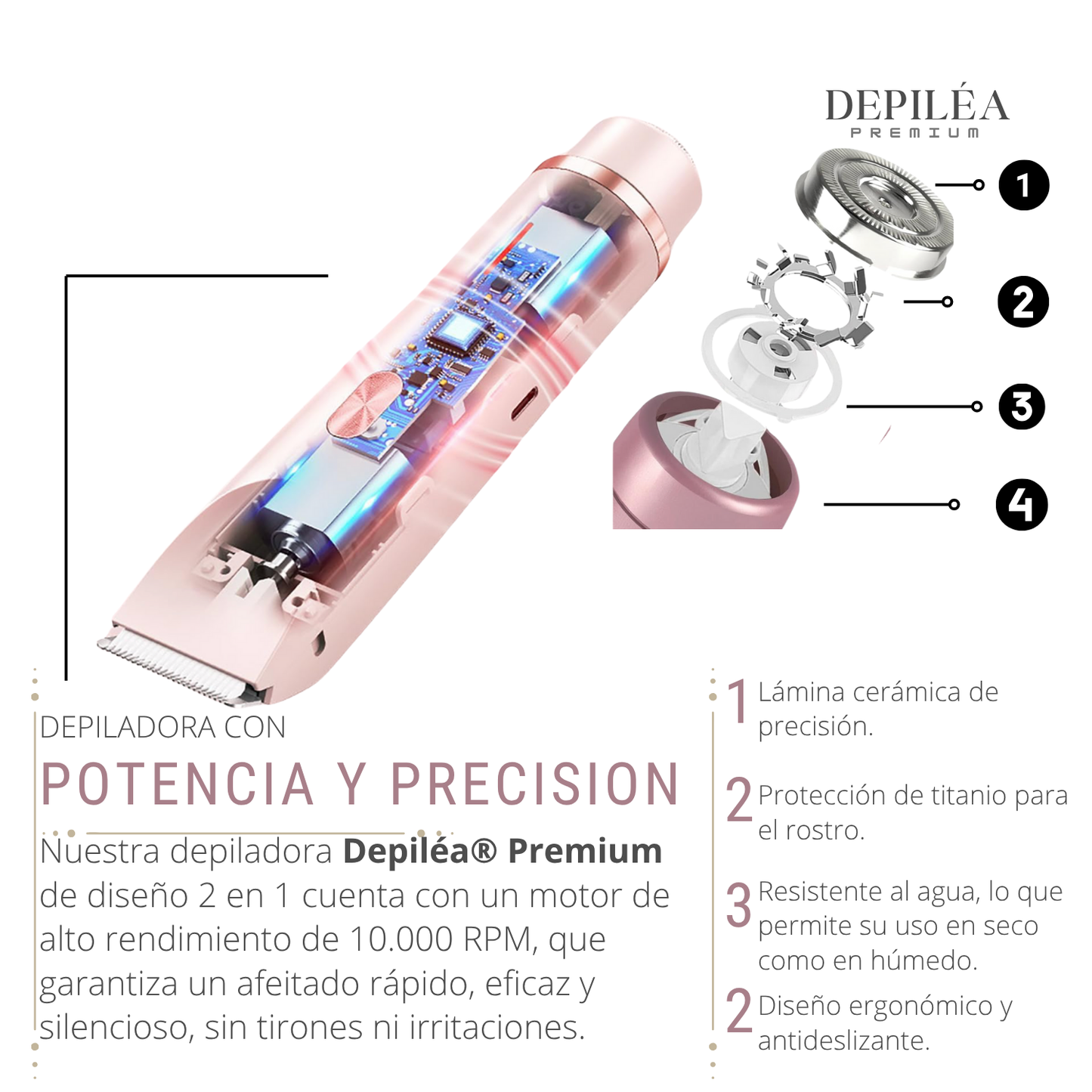 Depiléa® | Depiladora eléctrica para mujer 2 en 1 | Impermeable, USB, uso húmedo y seco.