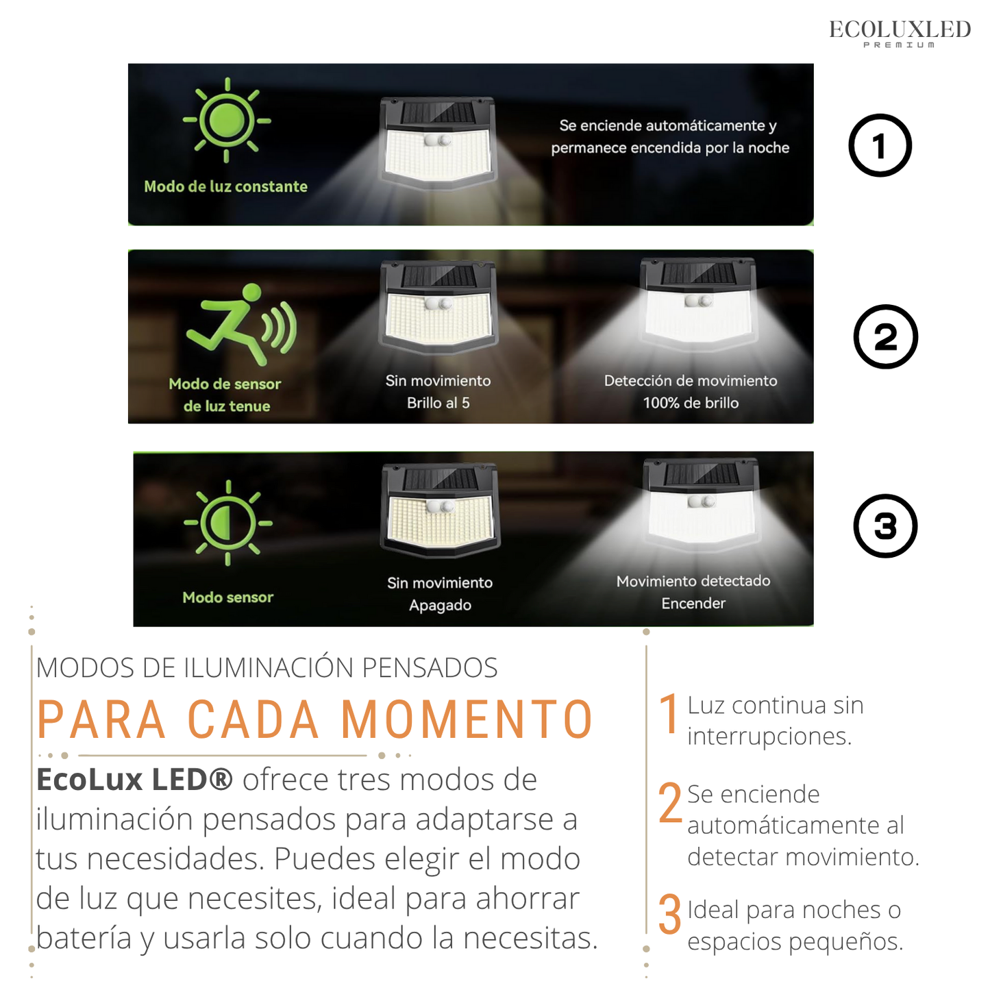 EcoLux LED® | Luz Solar Exterior | con Sensor de Movimiento